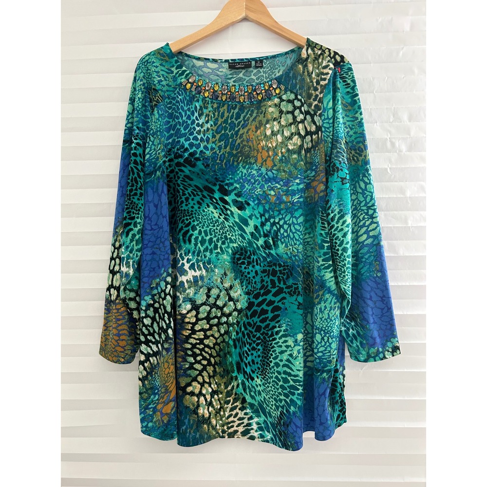 Susan Graver Artisan Teal Blue Animal Print Jeweled Neck Glam Tunic Top 3X Chic